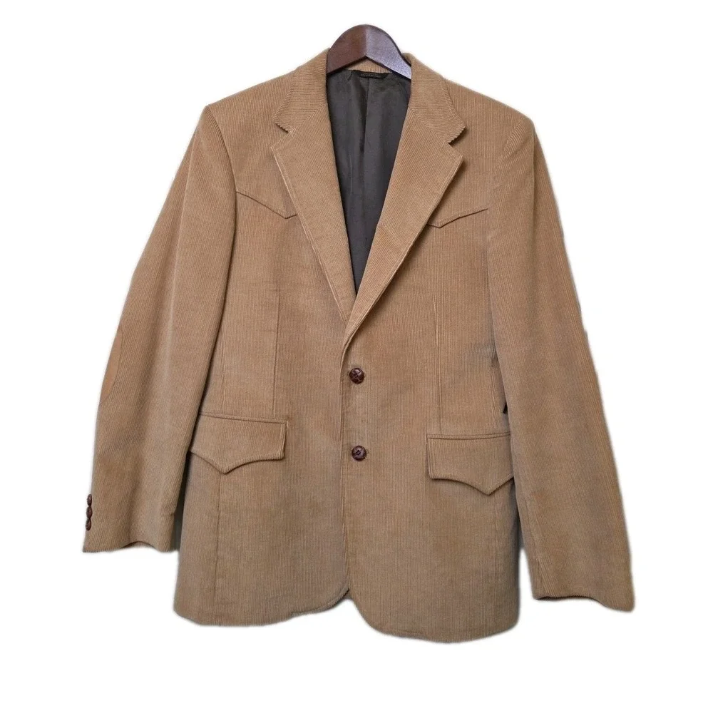 Vtg 70s Wrangler Western Corduroy Jacket Elbow Patch Tan Sport Coat Blazer Sz 40